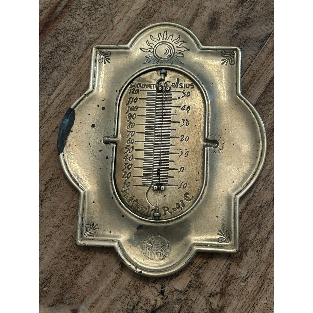 Vintage German Brass Wall Thermometer Rotating Fahrenheit Celsius